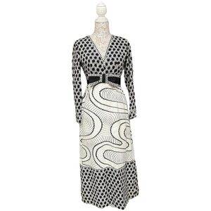 Vintage 60s Needle Craft Graphic Maxi Dress Black White Print Long Sleeve Bow